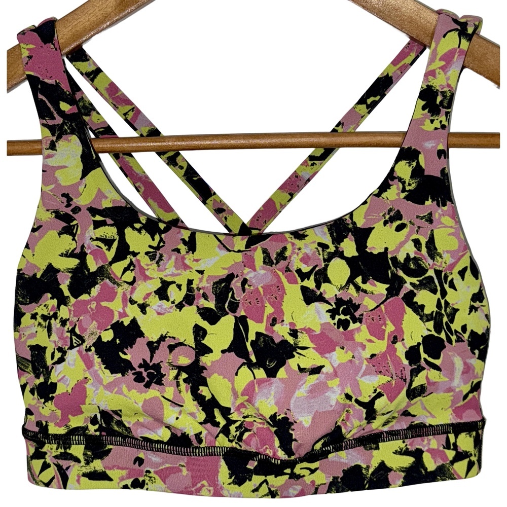 NEW Lululemon Energy Bra Yellow Black Floral Luxtreme Racerback Sports Bra Sz 4